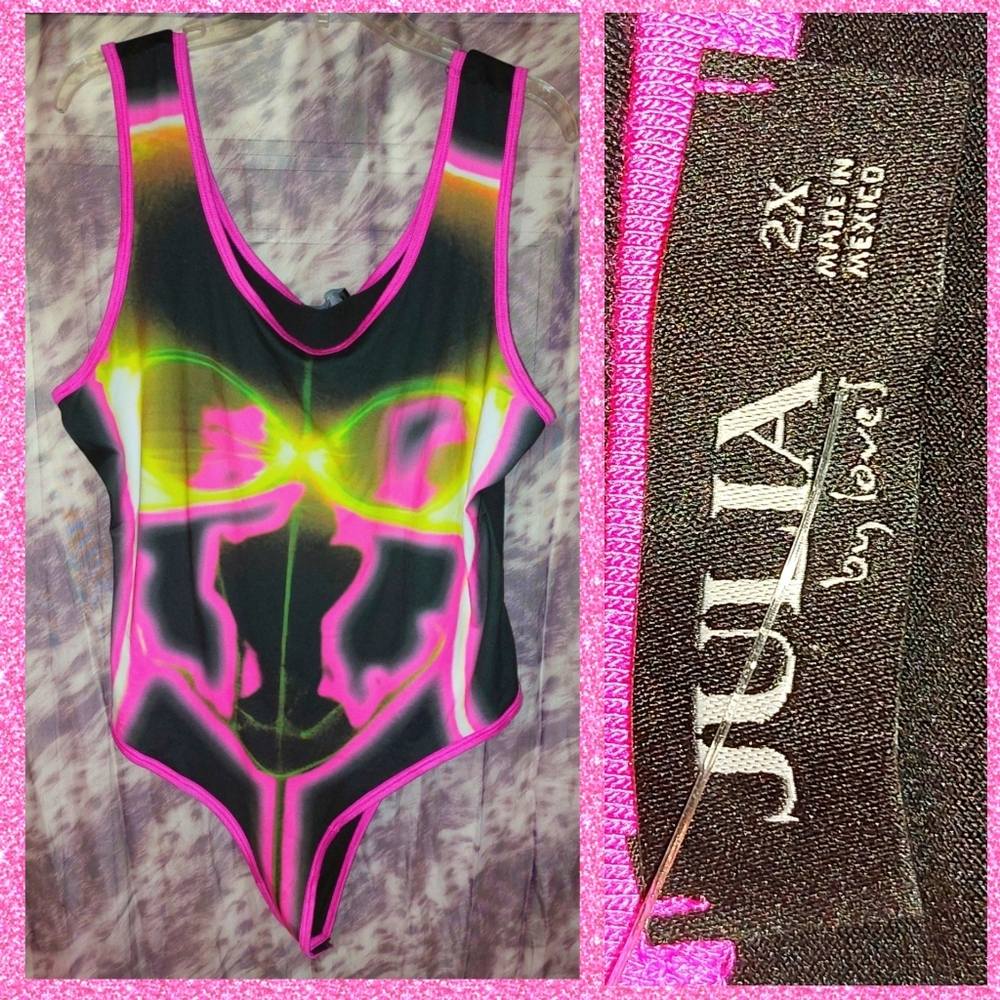 Julia by Love J Black/Multicolor Neon Colorblock Body Print Tank Bodysuit Sz 2X